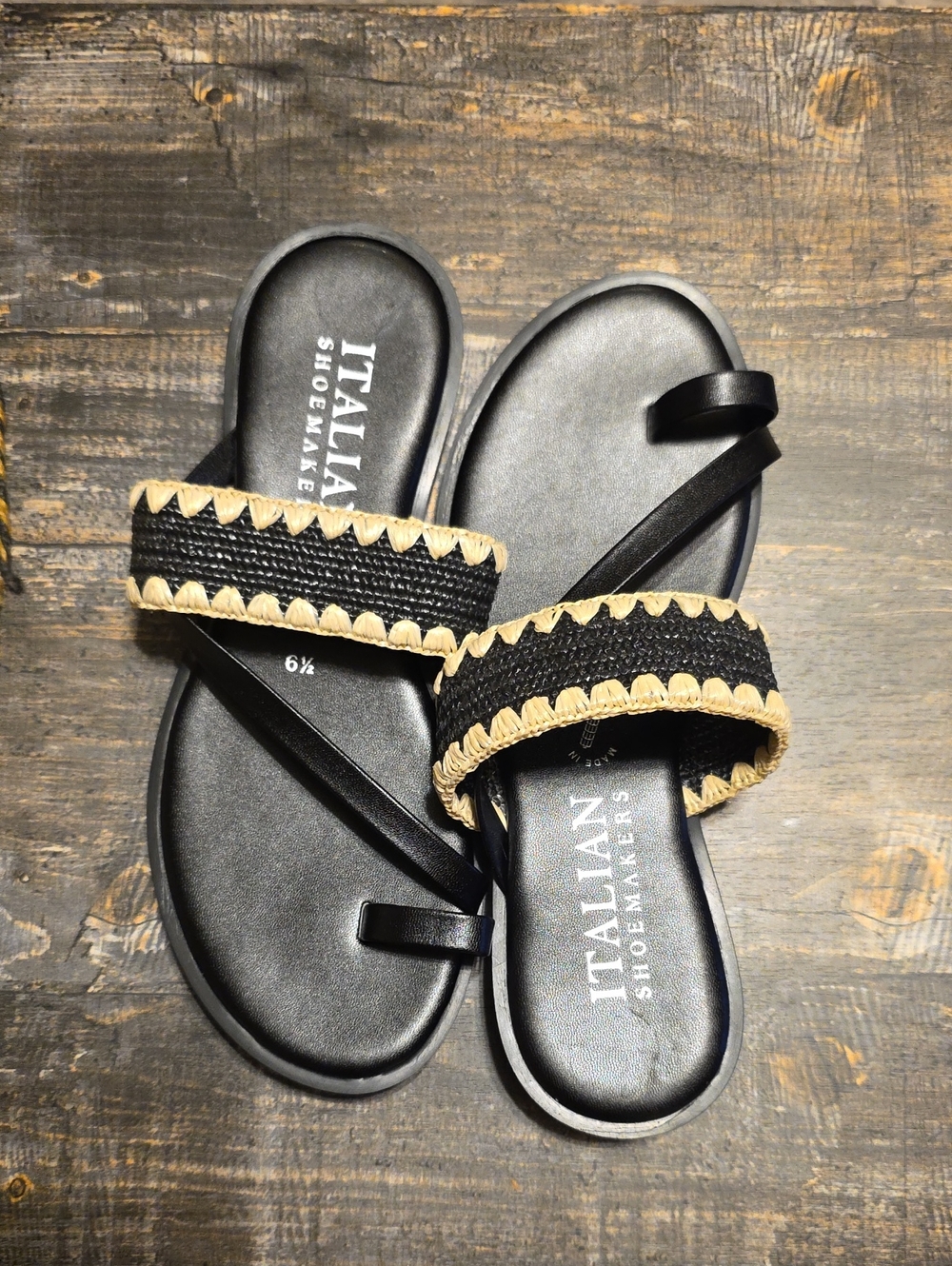 Italian Shoemakers Black with Natural Trim Braided Toe-Loop Slide Sandals